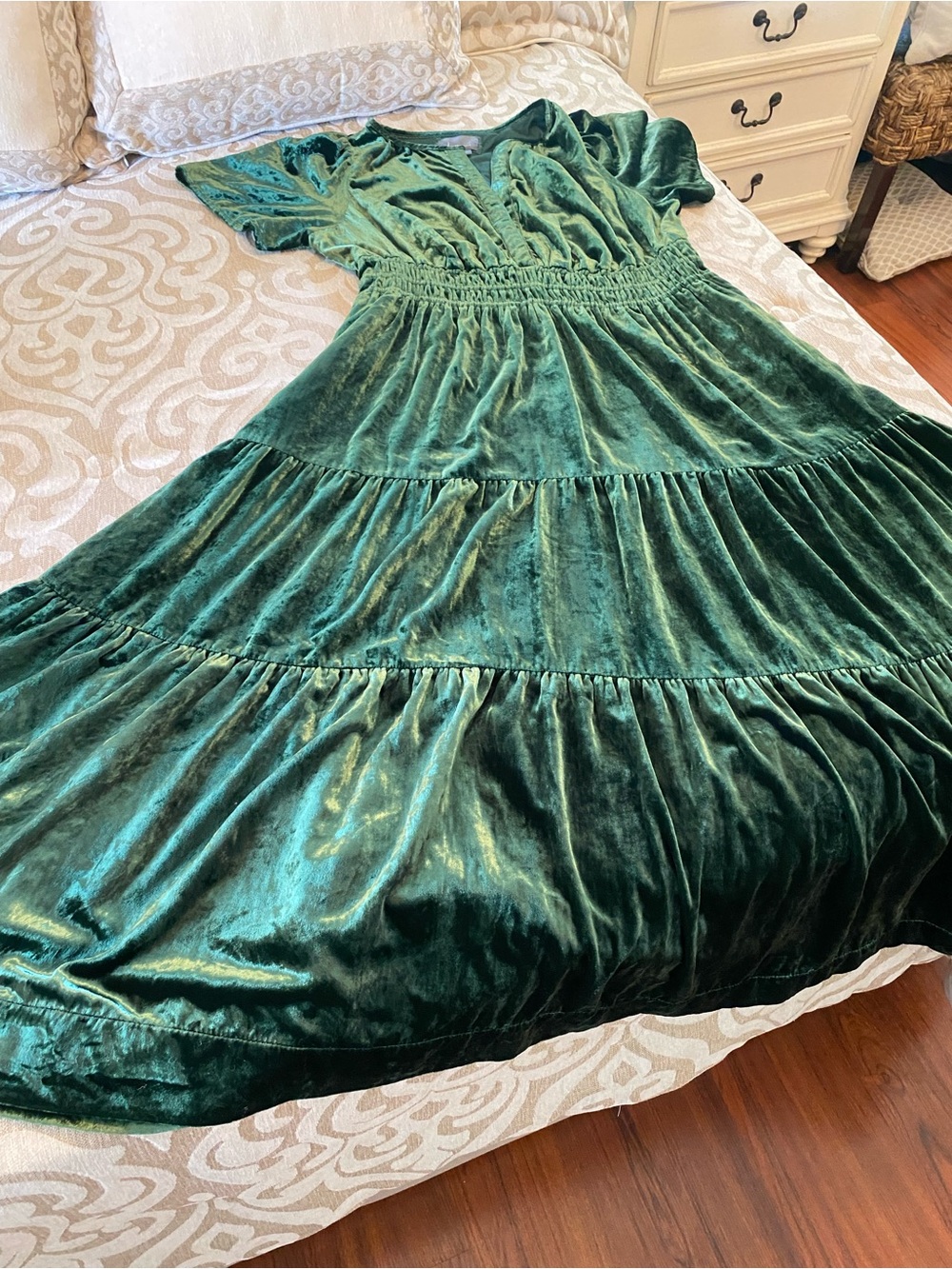 Anthropologie XL Emerald Green Velvet Tiered Maxi Dress Boho Luxe - Picture 3 of 16